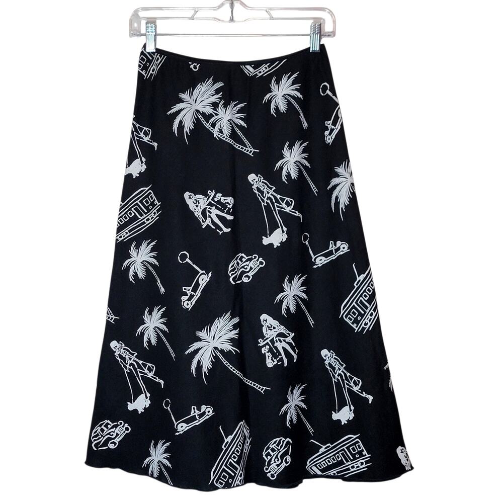 Six Degrees Tropical Linen A-Line Midi Skirt Black White Elastic Waist S